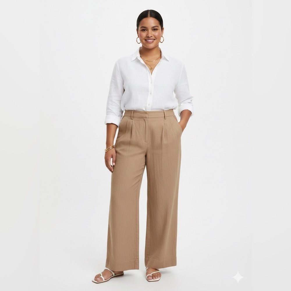 Abercrombie & Fitch Linen-Blend Tailored Wide Leg Pant Coastal Chic khaki Size M
